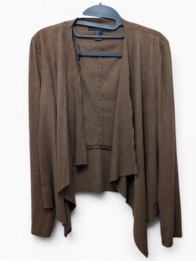 Brown Faux Suede Open Front Jacket Waterfall Drape Cardigan Moto Style Festival